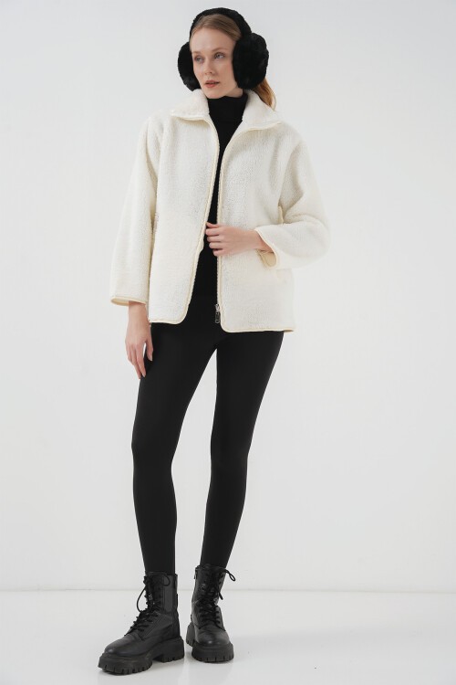 Merterium 5211 Fermuarlı Peluş Mont - Ekru