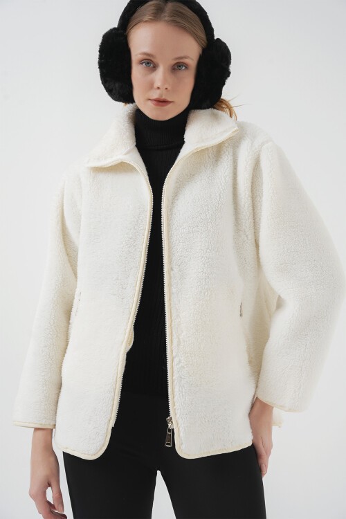 Merterium 5211 Fermuarlı Peluş Mont - Ekru