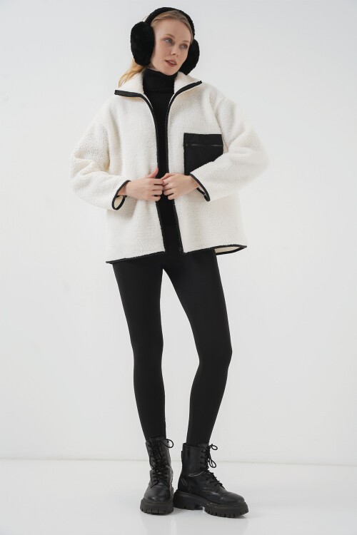 Merterium 55446 Fermuarlı Oversize Peluş Ceket Mont - D. Siyah