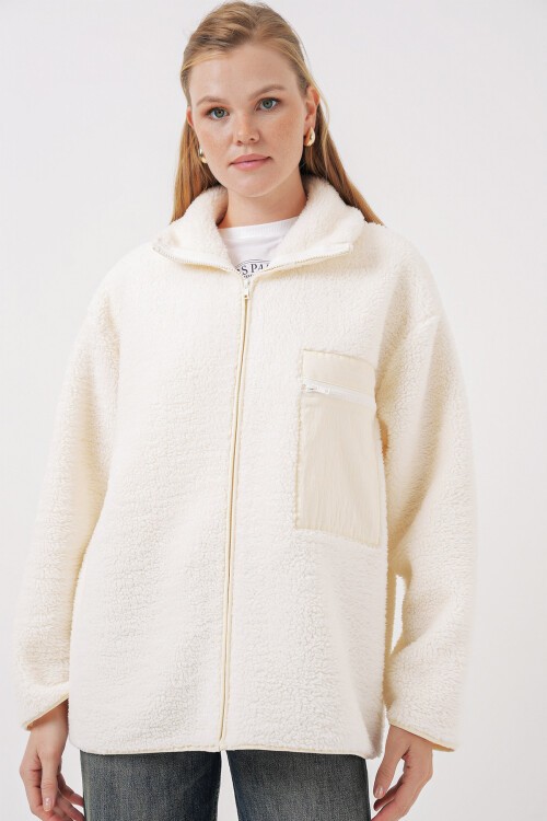 Merterium 55446 Fermuarlı Oversize Peluş Mont - Bej
