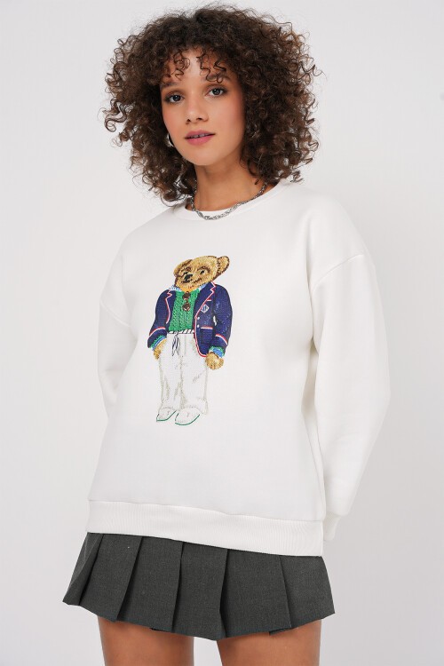 Merterium 55447 Baskılı Oversize Sweatshirt - Beyaz