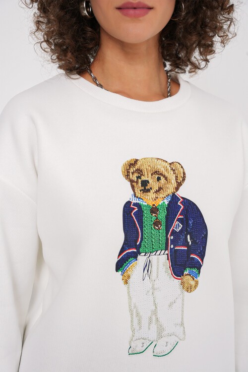 Merterium 55447 Baskılı Oversize Sweatshirt - Beyaz