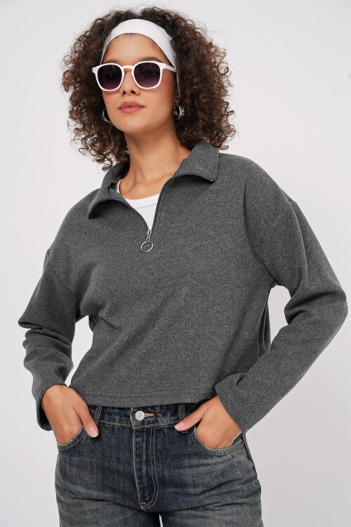 Merterium 55449 Fermuarlı Yaka Örme Sweatshirt - Antrasit