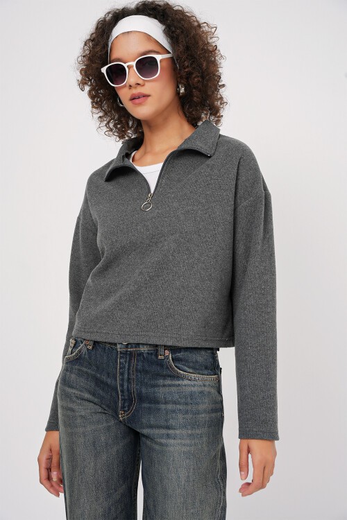 Merterium 55449 Fermuarlı Yaka Örme Sweatshirt - Antrasit