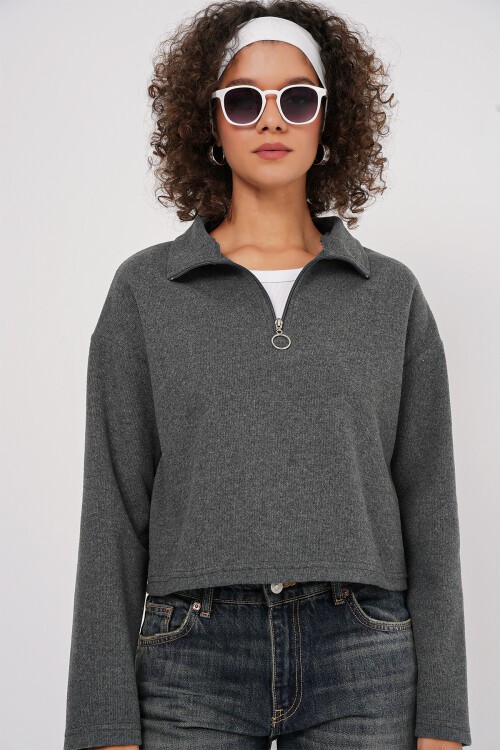 Merterium 55449 Fermuarlı Yaka Örme Sweatshirt - Antrasit