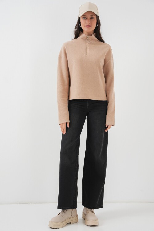 Merterium 55449 Fermuarlı Yaka Örme Sweatshirt - Camel