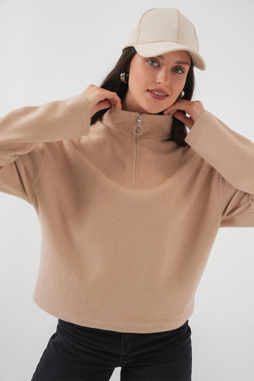 Merterium 55449 Fermuarlı Yaka Örme Sweatshirt - Camel