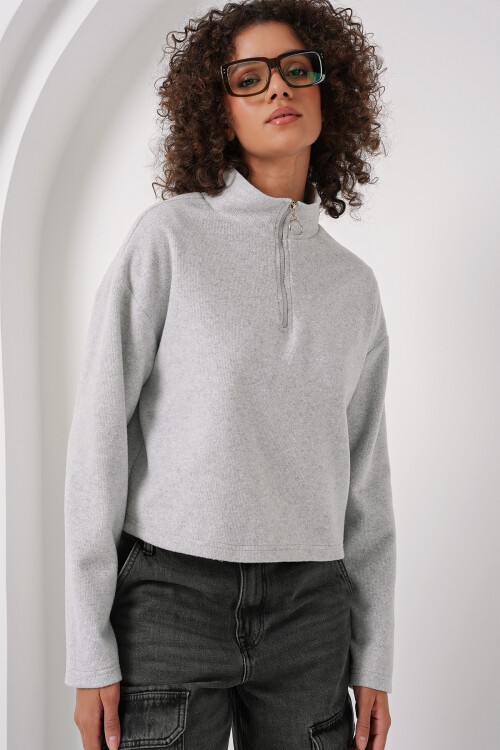 Merterium 55449 Fermuarlı Yaka Örme Sweatshirt - Gri