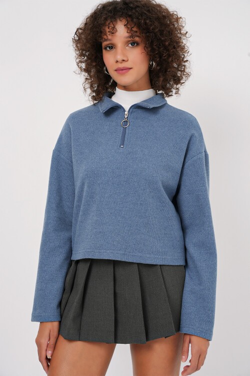 Merterium 55449 Fermuarlı Yaka Örme Sweatshirt - İndigo