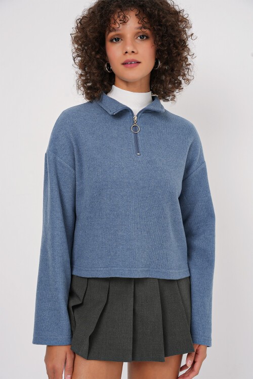Merterium 55449 Fermuarlı Yaka Örme Sweatshirt - İndigo