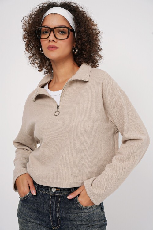 Merterium 55449 Fermuarlı Yaka Örme Sweatshirt - Krem