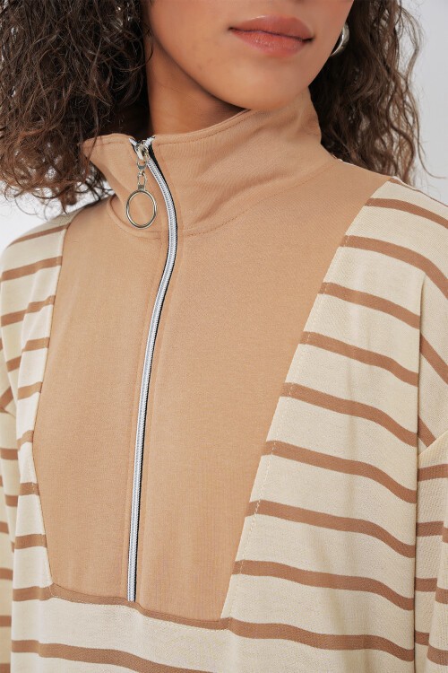 Merterium 55453 Kadın Fermuar Detaylı Çizgili Uzun Elbise - Bej