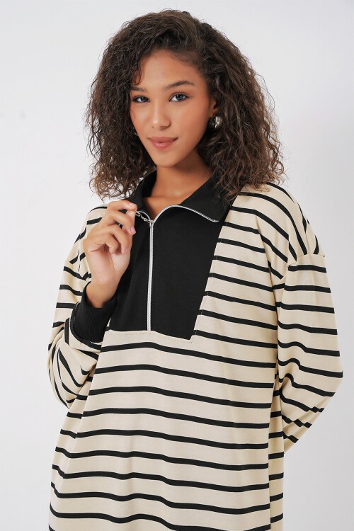 Merterium 55453 Kadın Fermuar Detaylı Çizgili Uzun Elbise - Siyah