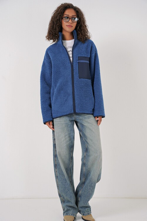 Merterium 55455 Kadın Fermuarlı Oversize Peluş Ceket - Saks
