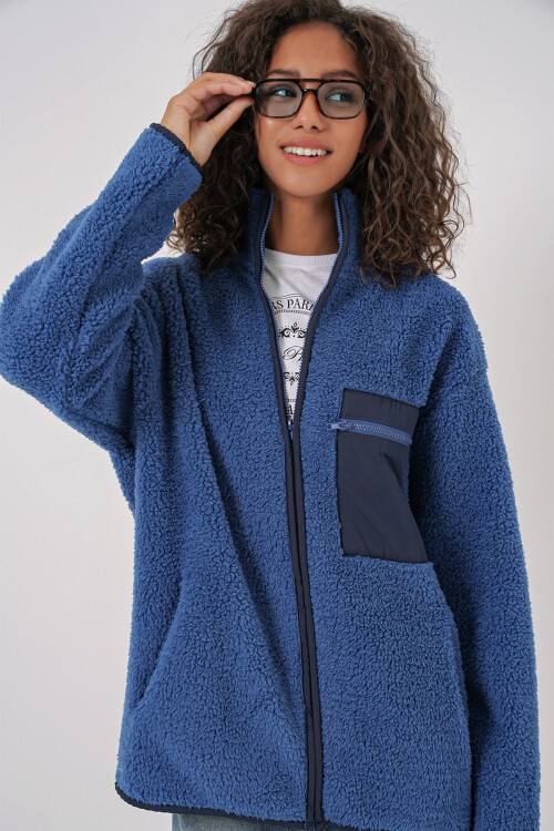 Merterium 55455 Kadın Fermuarlı Oversize Peluş Ceket - Saks