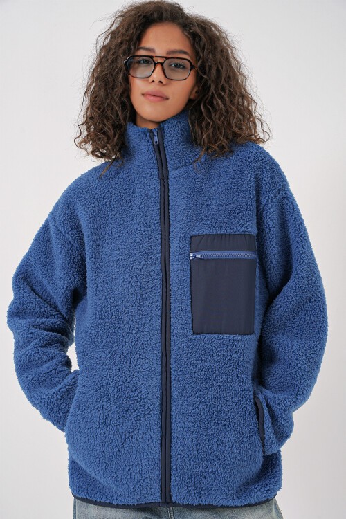Merterium 55455 Kadın Fermuarlı Oversize Peluş Ceket - Saks