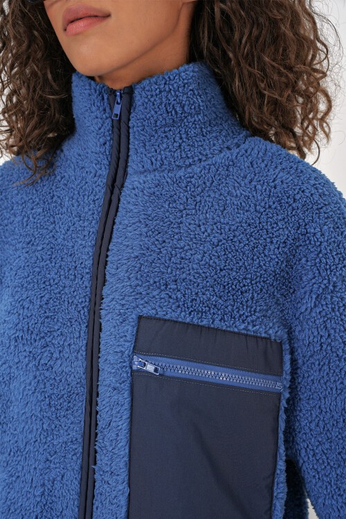 Merterium 55455 Kadın Fermuarlı Oversize Peluş Ceket - Saks