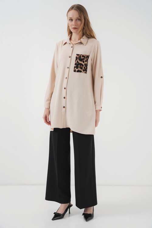 Merterium 5851 Cep Detaylı Gömlek Tunik - Bej