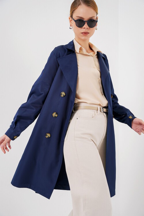 Merterium 5864 Kruvaze Yaka Kısa Trençkot - Lacivert