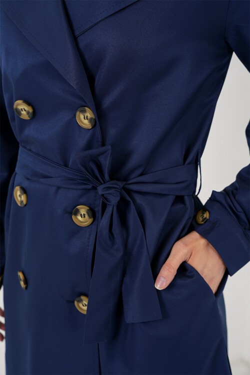 Merterium 5864 Kruvaze Yaka Kısa Trençkot - Lacivert