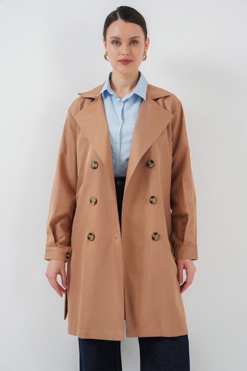 Merterium 5864 Kruvaze Yaka Kısa Trençkot - Taba