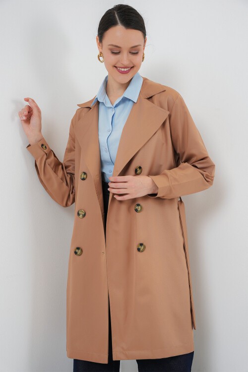 Merterium 5864 Kruvaze Yaka Kısa Trençkot - Taba