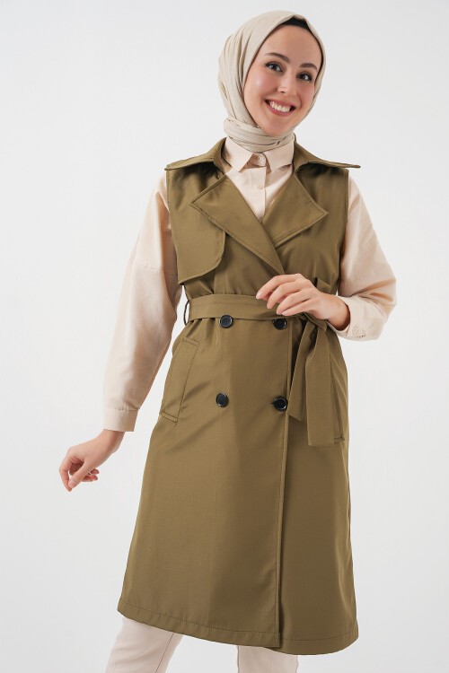 Merterium 5911 Kruvaze Yaka Trençkot Yelek - Haki