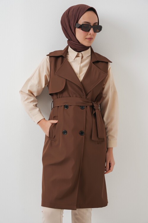Merterium 5911 Kruvaze Yaka Trençkot Yelek - Kahverengi