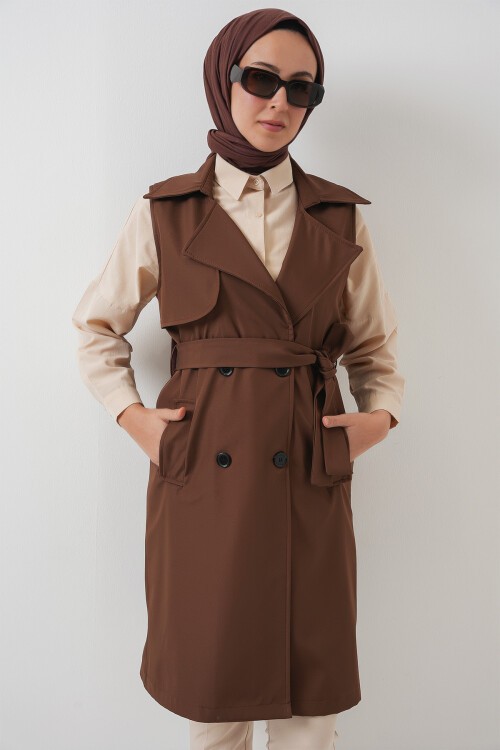 Merterium 5911 Kruvaze Yaka Trençkot Yelek - Kahverengi
