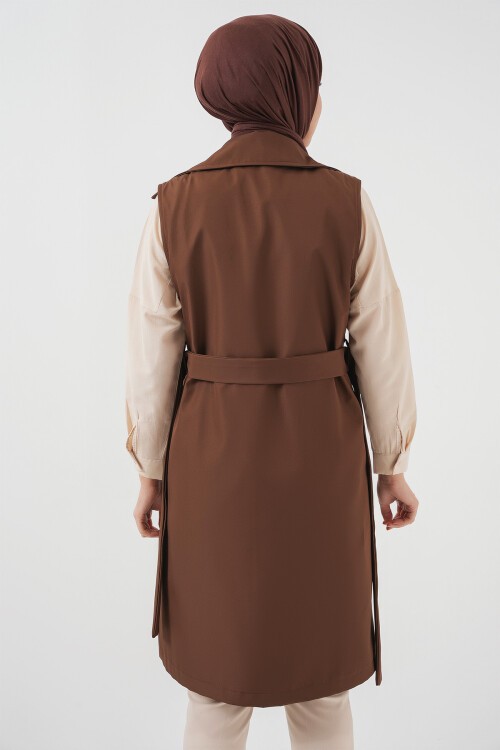 Merterium 5911 Kruvaze Yaka Trençkot Yelek - Kahverengi