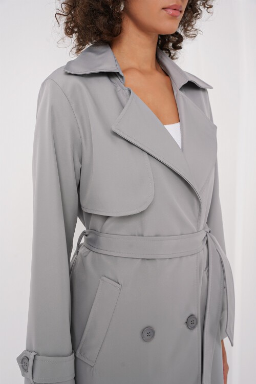Merterium 5918 Kruvaze Yaka Trençkot - Gri