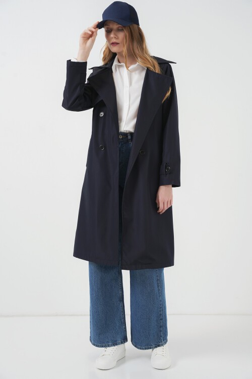 Merterium 5918 Kruvaze Yaka Trençkot - Lacivert