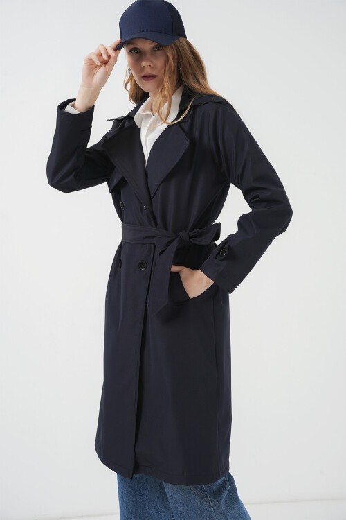 Merterium 5918 Kruvaze Yaka Trençkot - Lacivert