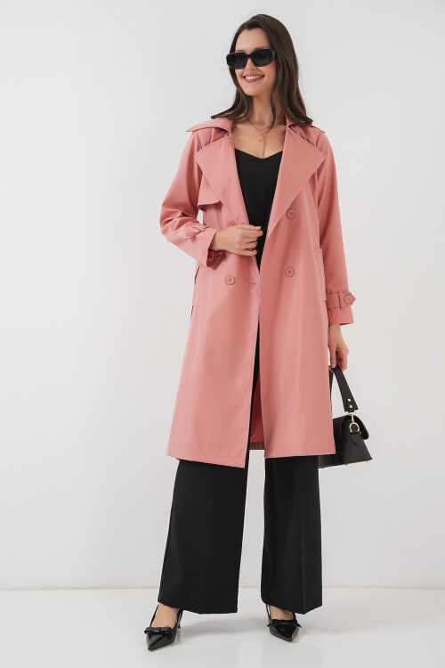 Merterium 5918 Kruvaze Yaka Trençkot - Pembe