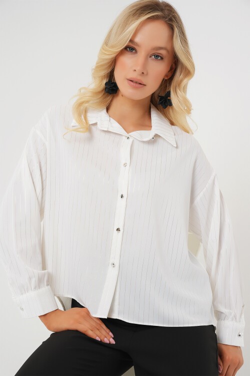 Merterium 5924 Kadın Gümüş Çizgili Gömlek - A.Beyaz