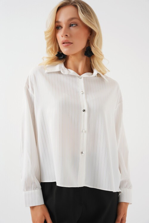 Merterium 5924 Kadın Gümüş Çizgili Gömlek - A.Beyaz