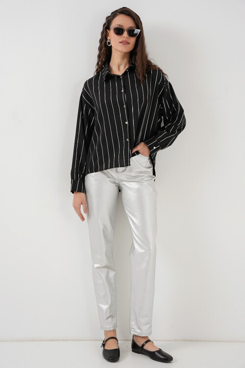 Merterium 5924 Kadın Gümüş Çizgili Gömlek - Siyah