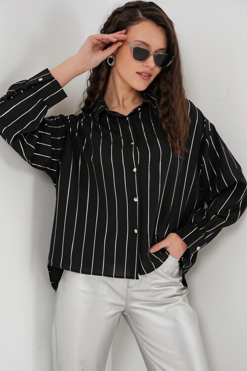 Merterium 5924 Kadın Gümüş Çizgili Gömlek - Siyah