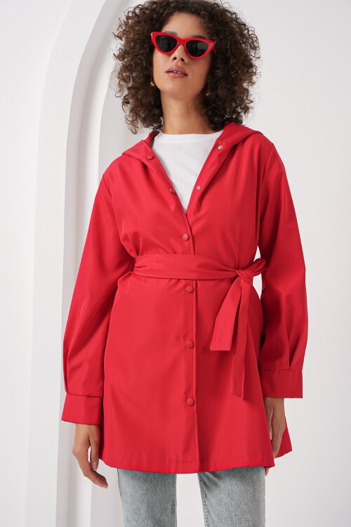 Merterium 5934 Kapüşonlu Trençkot - Kırmızı