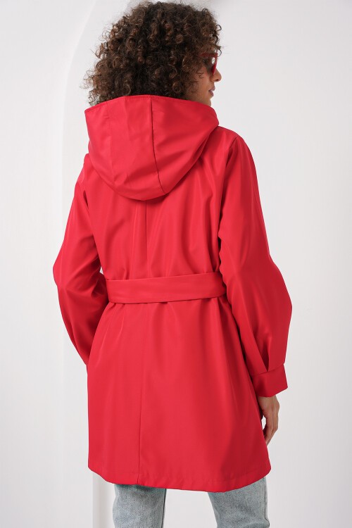 Merterium 5934 Kapüşonlu Trençkot - Kırmızı