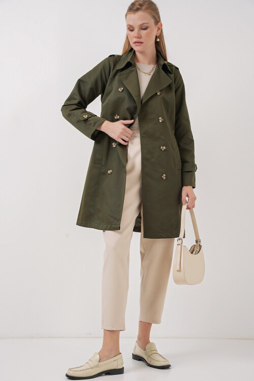 Merterium 5935 Kruvaze Yaka Trençkot - Haki