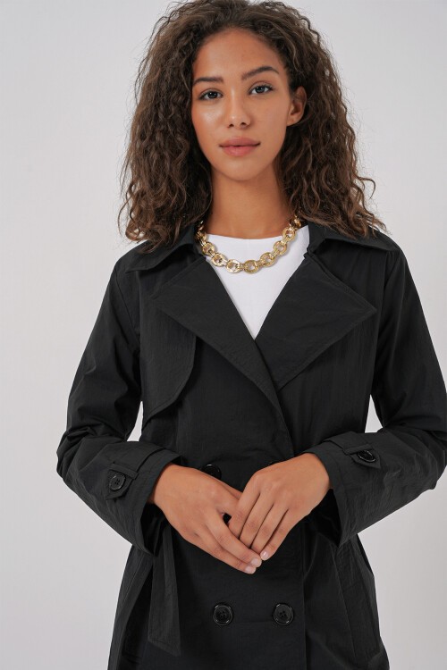 Merterium 5938 Kruvaze Yaka Trençkot - Siyah