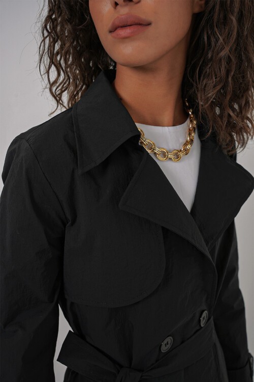 Merterium 5938 Kruvaze Yaka Trençkot - Siyah