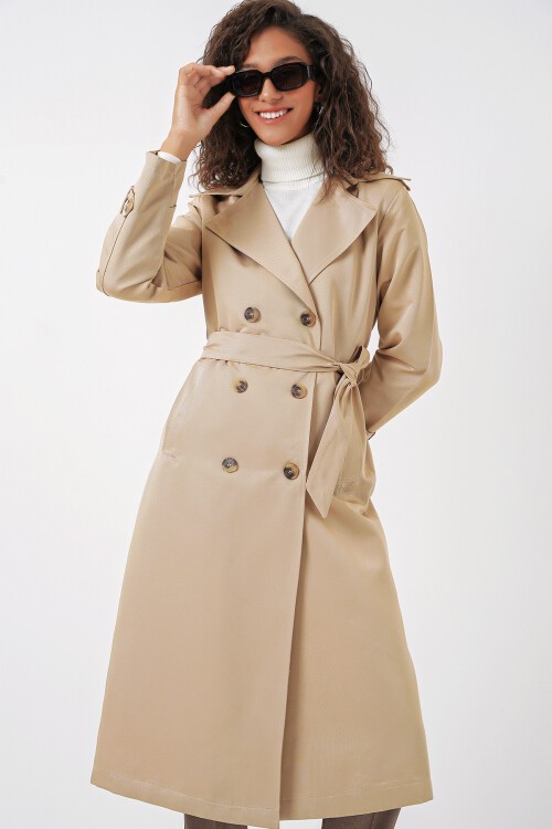 Merterium 5940 Kadın Kruvaze Yaka Uzun Trençkot - Bej