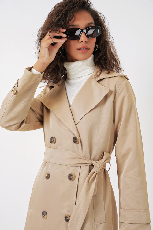 Merterium 5940 Kadın Kruvaze Yaka Uzun Trençkot - Bej