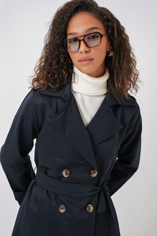 Merterium 5940 Kadın Kruvaze Yaka Uzun Trençkot - Lacivert