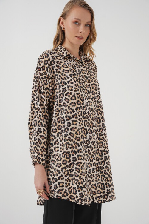 Merterium 5944 Desenli Uzun Gömlek Tunik - Bej