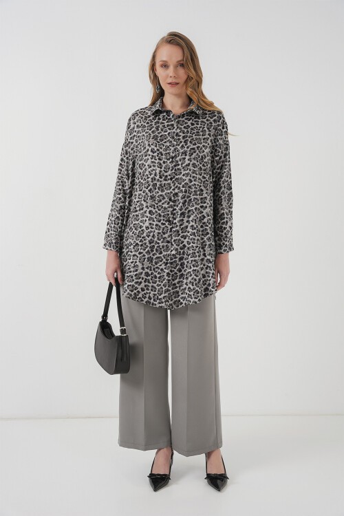 Merterium 5944 Desenli Uzun Gömlek Tunik - Siyah