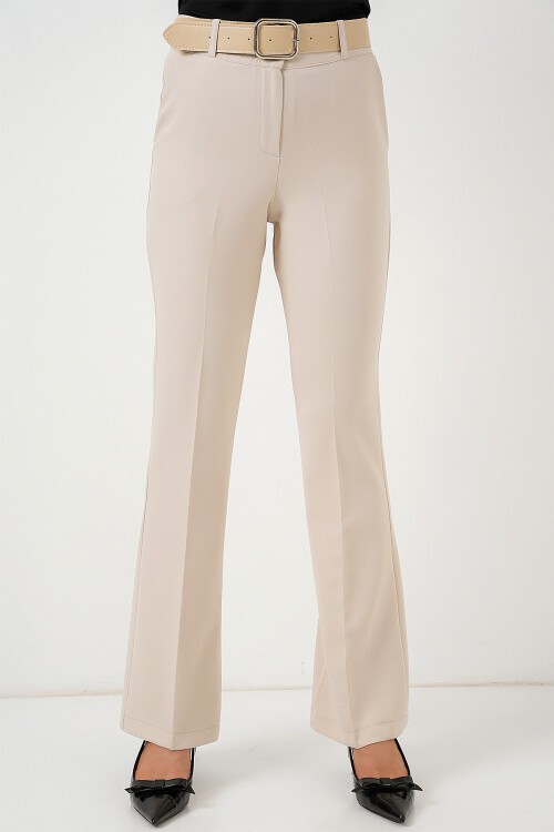 Merterium 6538 Kemerli İspanyol Paça Pantolon - Bej
