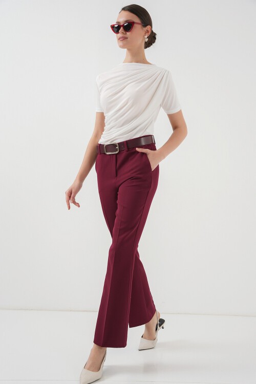 Merterium 6538 Kemerli İspanyol Paça Pantolon - Bordo